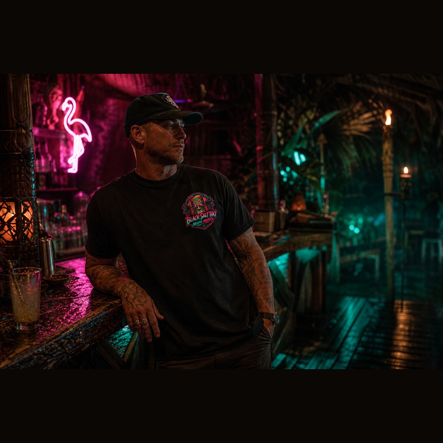 Miami Nights Tee – Black Salt Tiki