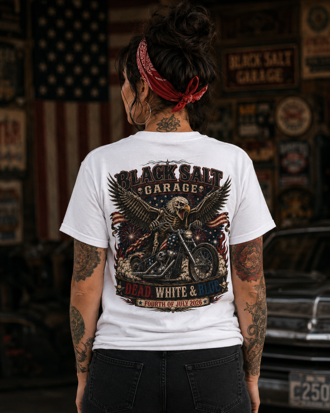 Dead, White & Blue Motorcycle Shirt – Black Salt Garage 4th of July Tee