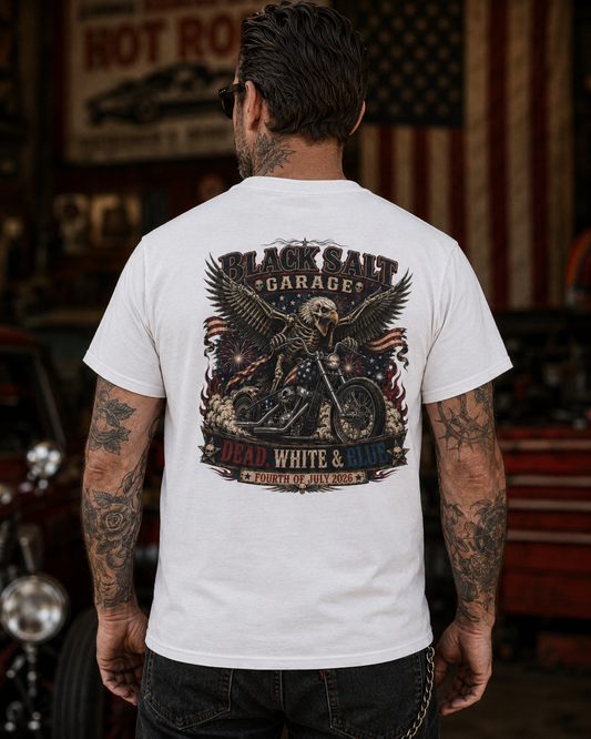 Dead, White & Blue Motorcycle Shirt – Black Salt Garage 4th of July Tee