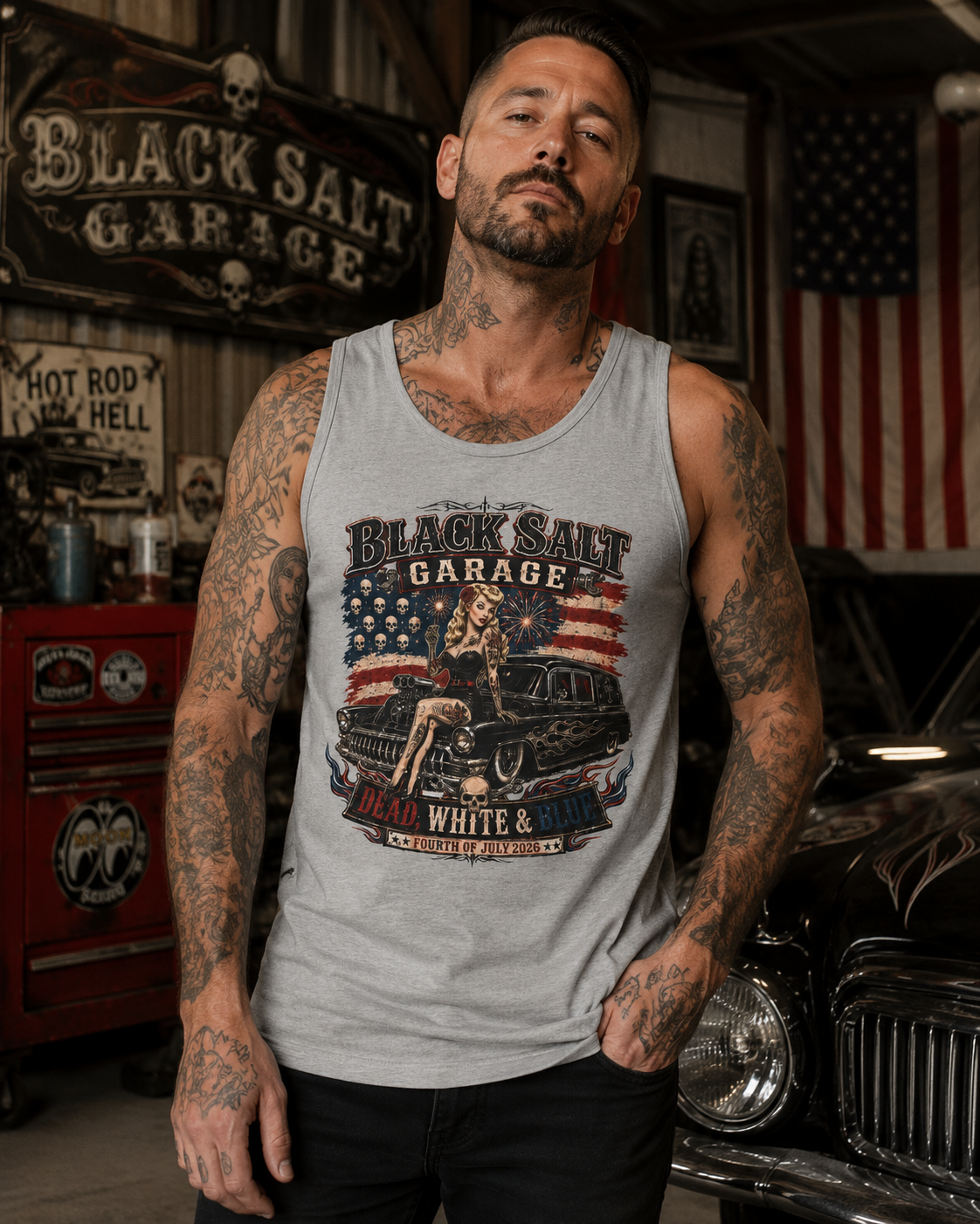 Dead, White & Blue Garage Pinup Jersey Tank – Black Salt Garage