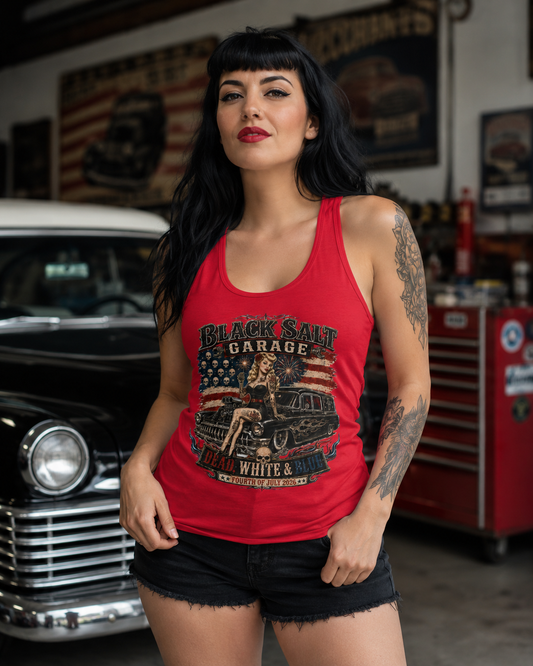 Dead, White & Blue Garage Pinup Racerback Tank – Black Salt Garage