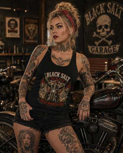 Dead Wrench Run Black Salt Garage Racerback Tank