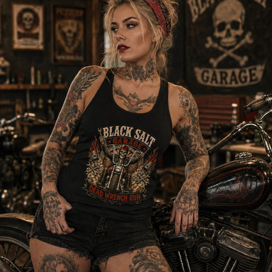 Dead Wrench Run Black Salt Garage Racerback Tank