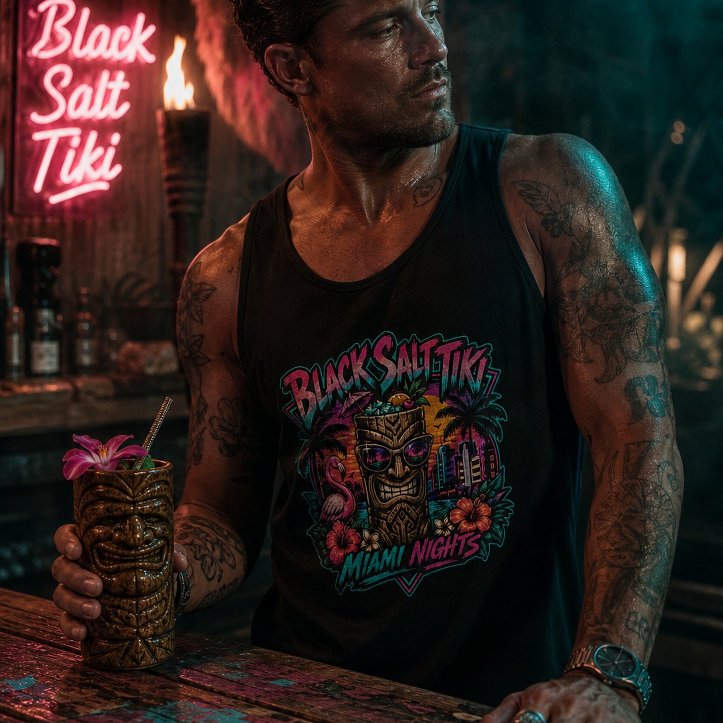 Miami Nights Jersey Tank – Black Salt Tiki