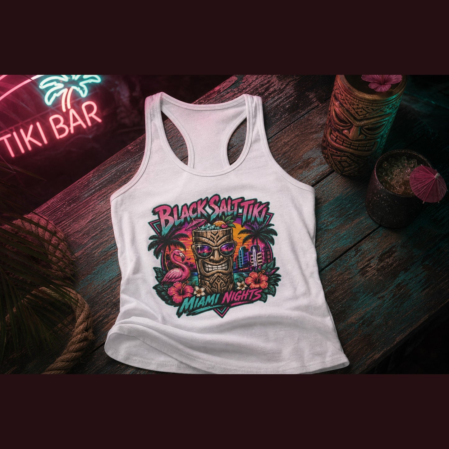 Miami Nights Racerback Tank – Black Salt Tiki
