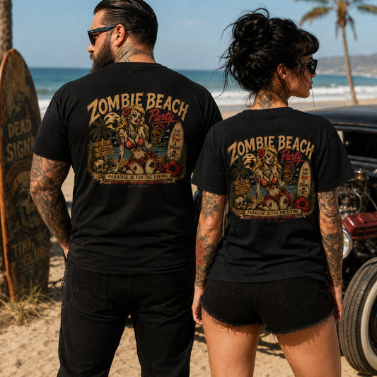 Zombie Beach Party Tee – Black Salt Tiki